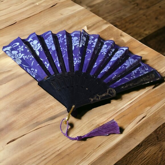 VINTAGE Spanish Style Purple White Hand Held Fan Lace Accent - Picture 2 of 2